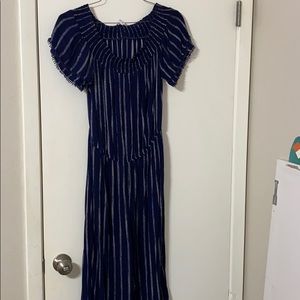 Off the shoulder white and navy jumpsuit